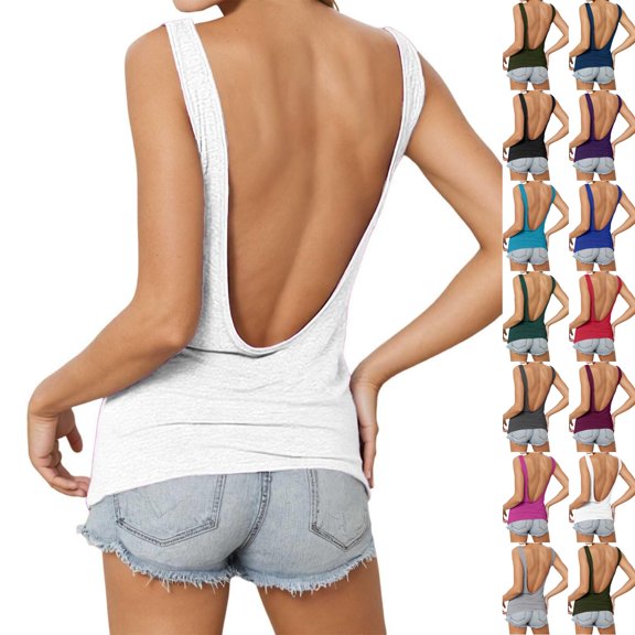 Open Back Workout Tops for Women Loose Fit Halter Backless Tank Top Crop Twist Low Back Cami for Gym&Workwear (White,2XL)