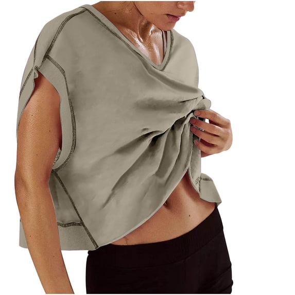 Open Back Workout Tops for Women Oversized Quick Dry Athletic Outfits Short Sleeve Exercise Gym Cropped Tees (M, Khaki)