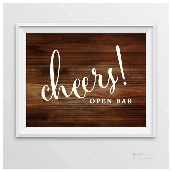 Koyal Wholesale Open Bar Cheers Rustic Wood Wedding Party Sign 8.5 x 11 Inch
