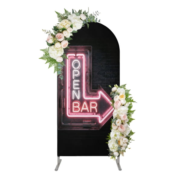 Open Bar Sign Arch Backdrop Cover 4FT, Modern Neon Light Geometric Graffiti Spandex Fitted Stretchy Arch Stand Covers, Round Top Chiara Backdrop Cover for Wedding Party Birthday Baby Shower