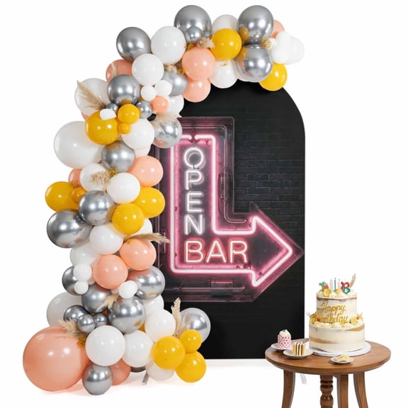 Open Bar Sign Arch Backdrop Cover 4FT Modern Shining Red Neon Arrow Glowing Tubes Spandex Fitted Arch Covers Stretchy Backdrop Decoration for Wedding Birthday Graduation Party