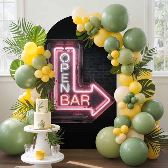 Open Bar Sign Arch Backdrop Cover, 5FT, Modern Shining Red Neon Arrow Glowing Tubes Spandex Arch Covers Double-Sided Backdrop for Wedding Birthday Party Photo Background Decoration
