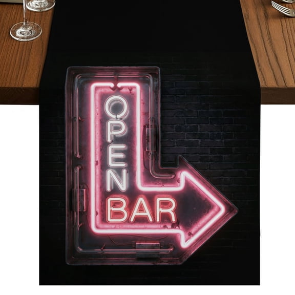 Open Bar Sign Burlap Cotton Table Runner 13x36 Inches Short, Modern Neon Light Geometric Graffiti Farmhouse Table Runners, Outdoor Dining Table Decor for Baby Shower/Party/Wedding