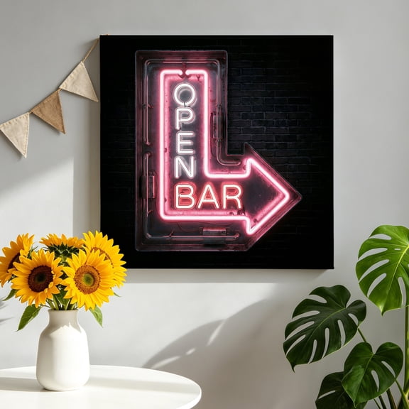 Open Bar Sign Canvas Wall Art for Living Room, Modern Shining Red Neon Arrow Glowing Tubes Poster Print Painting for Bedroom Office Home Decoration Wall Pictures Prepare To Hang 10"x10"