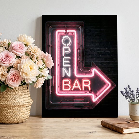 Open Bar Sign Canvas Wall Art for Living Room, Modern Shining Red Neon Arrow Glowing Tubes Poster Print Painting for Bedroom Office Home Decoration Wall Pictures Prepare To Hang 20"x24"