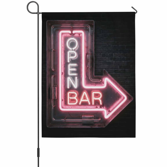 Open Bar Sign Garden Flag 12 x 18 Inches, Modern Shining Red Neon Arrow Glowing Tubes Weather Proof Outdoor Patio Flags Double Sided Small Garden Decoration for Yard Outside Home