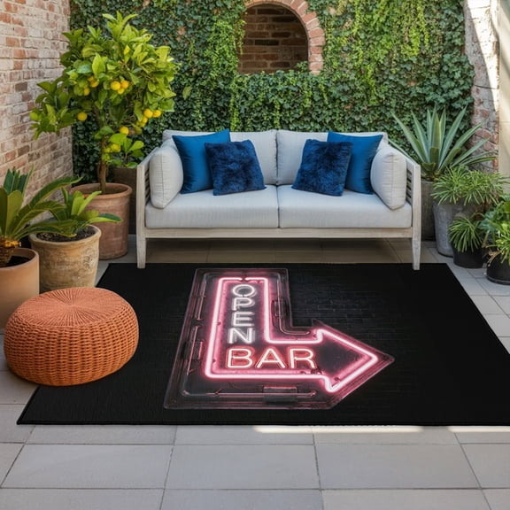 Open Bar Sign Indoor Outdoor Rugs 4x6 Ft, Modern Shining Red Neon Arrow Glowing Tubes Outdoor Patio Rugs Mat Washable Outside Area Rugs Carpet for Porch Deck RV Camping Pool Balcony Backyard