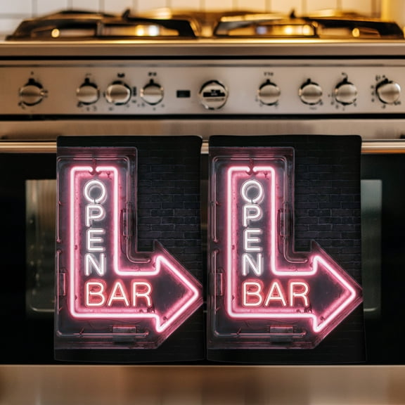 Open Bar Sign Kitchen Towels Set of 1, Modern Neon Light Geometric Graffiti Absorbent Dish Towels for Kitchen, Microfiber Hand Towel, Quick Drying Tea Towel for Cleaning Decorative Dishcloths