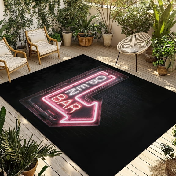 Open Bar Sign Outdoor Rug 5x7 ft Modern Shining Red Neon Arrow Glowing Tubes Non Slip Patio Rug Washable Absorbent Large Outdoor Carpet Outside Mat for Porch RV Garden Camping