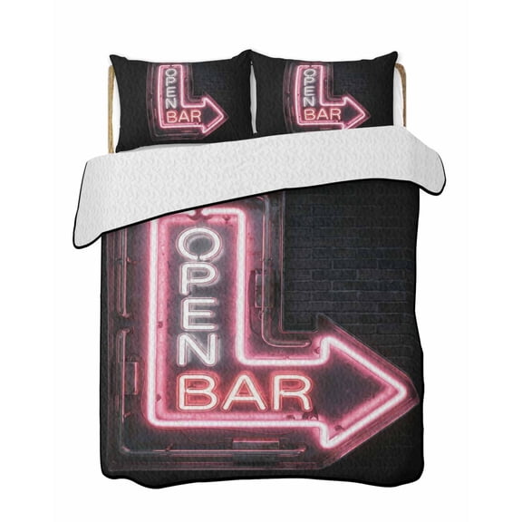 Open Bar Sign Quilts Bedding Set King Size Modern Shining Red Neon Arrow Glowing Tubes Lightweight Quilted Bedspread 3 Piece Bed Quilt with 2 Pillow Shams All Season for Bedroom 90" x 96"