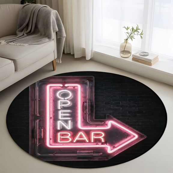 Open Bar Sign Round Rugs for Living Room 3ft Modern Shining Red Neon Arrow Glowing Tubes Non Slip Circle Rug Washable Low-Profile Indoor Carpet for Bedroom, Dining Room, Bathroom