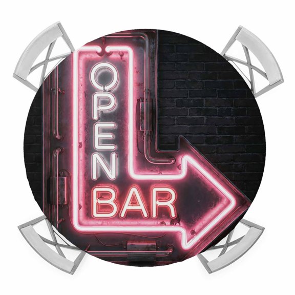 Open Bar Sign Round Table Cover, Modern Shining Red Neon Arrow Glowing Tubes Waterproof Fitted Tablecloths for 45"-54" Tables, Washable Picnic Table Cover for Camping Dining Indoor Outdoor