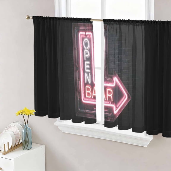 Open Bar Sign Sheer Curtains 45 Inch Length 2 Panels Set, Modern Neon Light Geometric Graffiti Voile Window Treatment Rod Pocket Small Kitchen Curtains Drapes for Bedroom 52"x45"x2