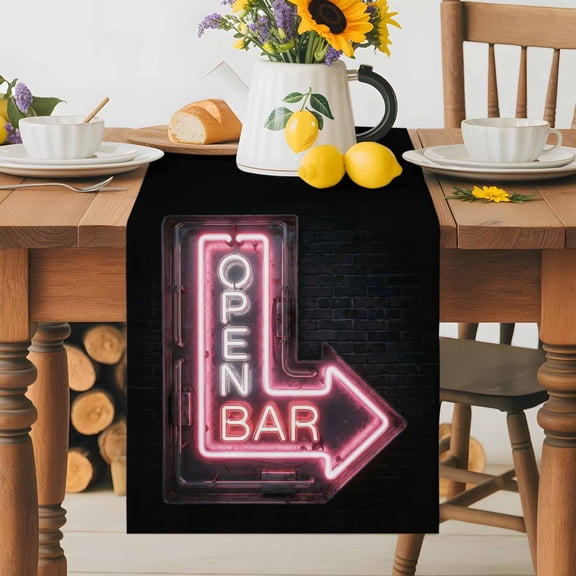 Open Bar Sign Table Runner 13x36 Inch Modern Shining Red Neon Arrow Glowing Tubes Cotton Linen Dining Table Runner Ideal for Dresser Kitchen Coffee Tables - Machine Washable