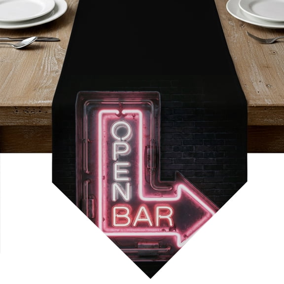 Open Bar Sign Table Runner Linen Burlap Table Runner 36 Inches Small Modern Neon Light Geometric Graffiti Dresser Scarves for Kitchen Island Coffee Dining Room Party Wedding Holiday Decor 13"x36"