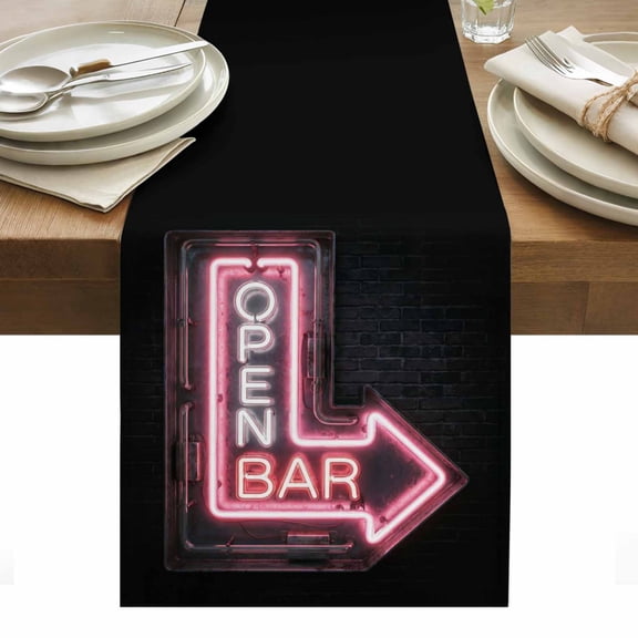 Open Bar Sign Table Runner Modern Neon Light Geometric Graffiti Tablerunners 13 x 36 Inch, Table Decorations Tabletop Scarf for Summer Gathering Holiday Farmhouse Kitchen Dining Decor