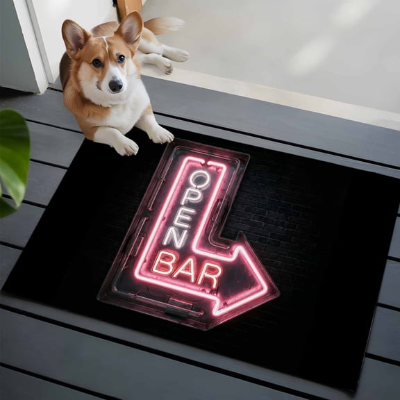 Open Bar Sign Washable Entry Rug 2x3 Modern Shining Red Neon Arrow Glowing Tubes Low Pile Indoor Door Mat with Rubber Backing Thin Area Rug for for Entrance, Bedroom, Kitchen, Laundry, Bathroom