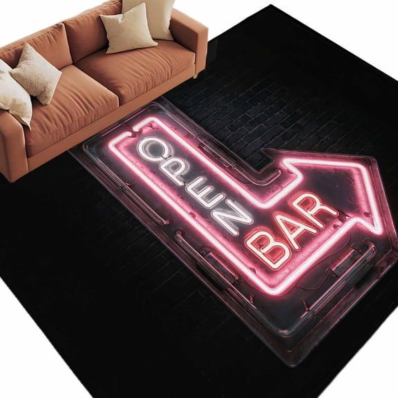 Open Bar Sign Washable Living Room Rugs 9'x12', Modern Shining Red Neon Arrow Glowing Tubes Low Pile Throw Large Area Rug Non-Slip Sturdy Edge Binding Carpet for Bedroom Dining Room Office