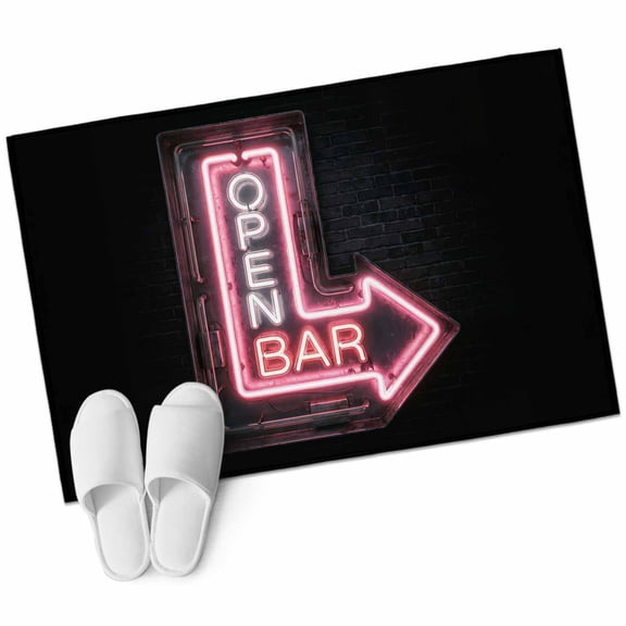 Open Bar Sign Washable Small Entryway Area Rugs 2'x3', Modern Shining Red Neon Arrow Glowing Tubes Low Pile Throw Rug Non-Slip Sturdy Edge Binding Carpet for Front Door Floor Room Entry