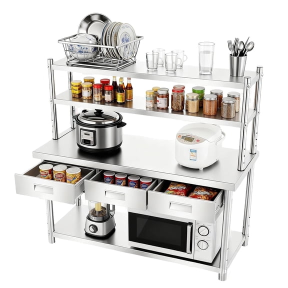 Open Base Stainless Steel Table with 72" X 12" Shelf & 3 Drawers, 72" X 24" Commercial Work Table, Large Double Layer Worktable Workbench for Restaurant Warehouse Garage