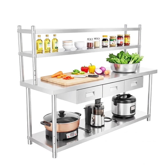 Open Base Stainless Steel Table, Large Double Layer Worktable Workbench, 72" X 24" Commercial Work Table with 72" X 12" Shelf & 3 Drawers for Home Warehouse Kitchen