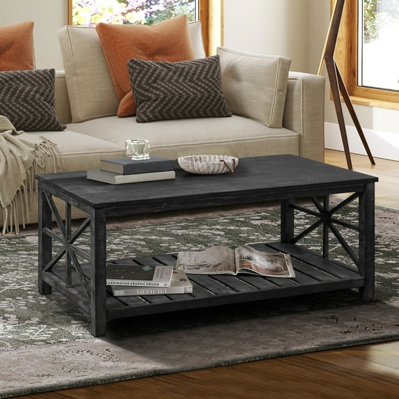 Open Base Wooden Coffee Table with Storage Space for Living Room, Antique Black