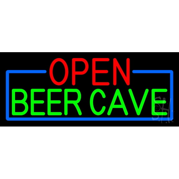 Open Beer Cave With Blue Border LED Neon Sign 6 x 15 - inches, Clear Edge Cut Acrylic Backing, with Dimmer - Bright and Premium built indoor LED Neon Sign for Bar decor.