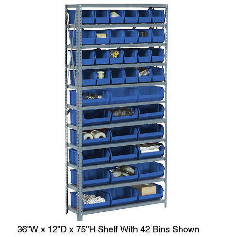 Open Bin Shelving w/6 Shelves & 30 Blue Bins, 36x12x39