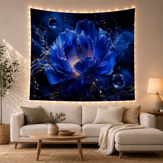 Open Blue Flower with Water Arcs, Dreamy Watercolor Style for Flower Lovers, Botanical Wall Art, Mother's Day Gift, Tapestry Wall Hanging for Bedroom and Living Room