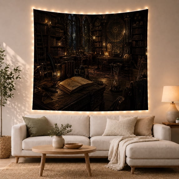 Open Book Beneath a Celestial Clock in an Arched Library, Mystical Digital Art for Readers, Arcane Lore Decor, Graduation Gift, Tapestry Wall Hanging for Study Room and Den