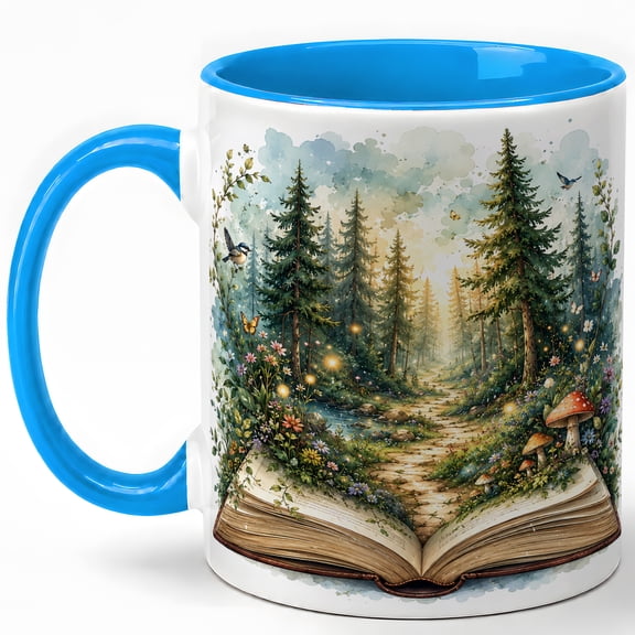 Open Book Enchanted Forest Coffee Mug, Magical Woodland Storybook Design, 11 oz Ceramic Cup
