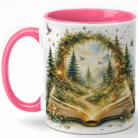 Open Book Fantasy Forest Coffee Mug, Magical Woodland Path Storybook Design, 11 oz Ceramic Cup