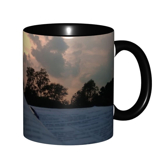 Open Book Foreground Soft Golden Sunset Tree Silhouette Warm Dusk Sky Reading Nature Ceramic Mug 11oz, Calm Peaceful Outdoor Reading Twilight Scene Cup, Microwave Safe Gift for Book & Sunset Lovers