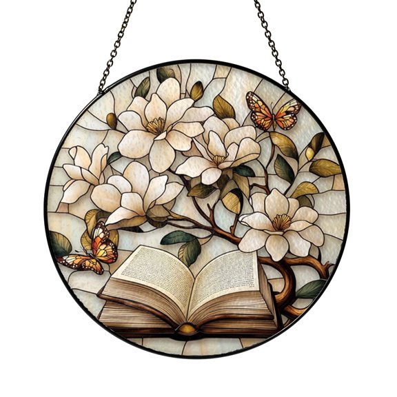 Open Book Magnolia Stained Glass Round Window Decor, Butterflies Floral Design, Reader Inspired Home Display Gift