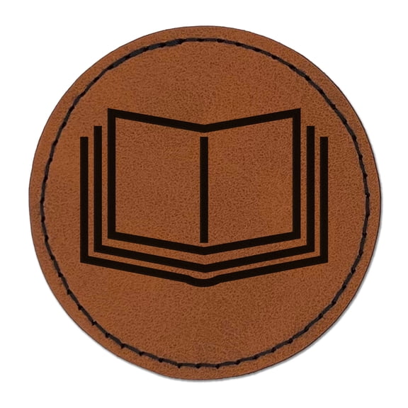 Open Book Reading Symbol 2.5" Faux Leather Round Engraved Iron-On Patch - Brown