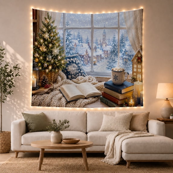 Open Book by Snowy Window with Tree and Mug, Peaceful Rustic Style for Book Lovers, Cozy Wall Art, Christmas Gift, Tapestry Wall Hanging for Bedroom and Reading Nook