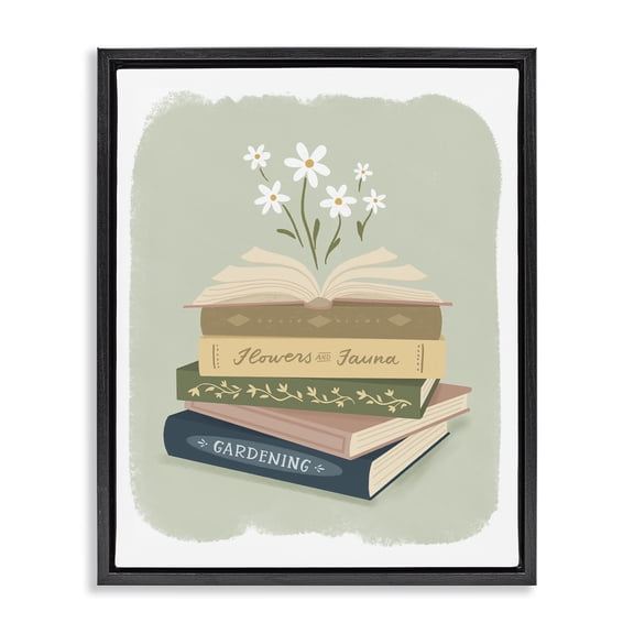 Stupell Industries Open Book Stack Gardening Theme Black Framed Floater Canvas Wall Art, design by Sandra Picco, 21 x 17