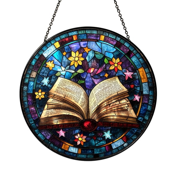 Open Book Stained Glass Suncatcher Window Hanging, Literary Decorative Glass Art Panel with Flowers and Stars, Round Sun Catcher Window Decor Ornament Gift Idea for Readers