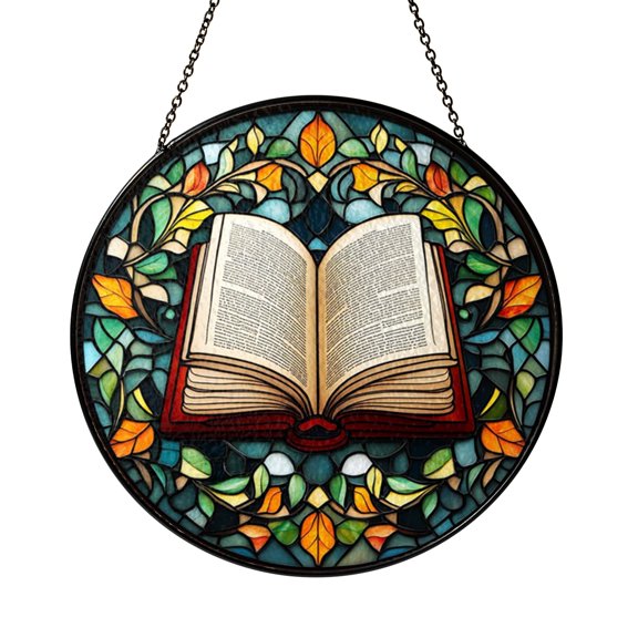 Open Book Stained Glass Suncatcher with Reading Theme Design, Round Window Hanging Literary Decor