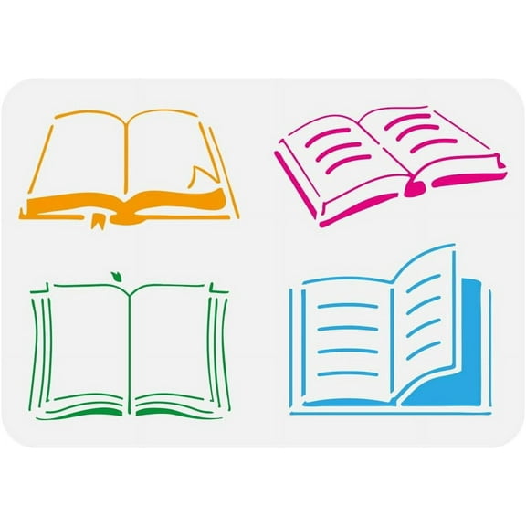 Open Book Stencil 11.7x8.3inch Reusable Book Pattern Stencil 4 Styles Books Drawing Template Graduation/Back to School Classroom Decoration Stencil