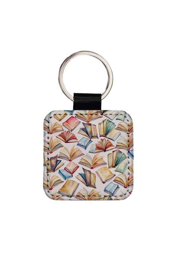 Open Books Watercolor Reader Reading Faux Leather Square Keychain