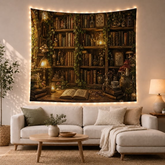 Open Botanical Book Across a Layered Library Desk, Cozy Vintage for Plant Lovers, Herbalist Decor, Housewarming Gift, Tapestry Wall Hanging for Study Room and Reading Nook