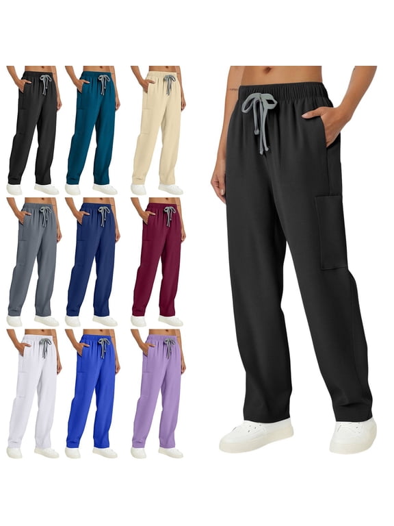 Open Bottom Scrub Pants Womens Knit Yoga Waist Straight Leg Cargo Pants Classic fit Black L 28"