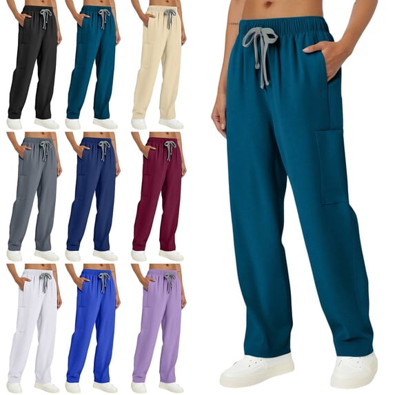 Open Bottom Scrub Pants Womens Knit Yoga Waist Straight Leg Cargo Pants Classic fit Navy S 26"