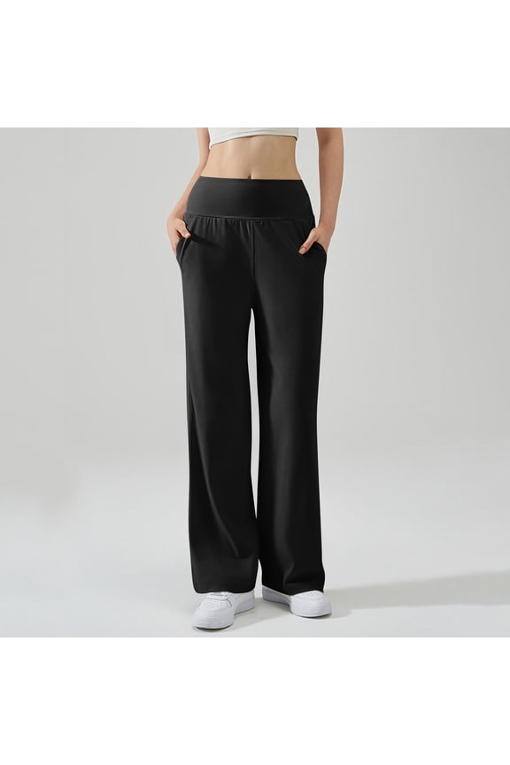 Open Bottom Yoga Pants Women with Pockets Wide Leg Stretch Loose Casual Lounge Sweatpants Black 30"