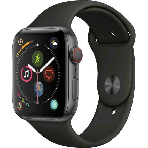 Open Box Apple Watch 4 (GPS) + Cellular 44 mm Black Aluminium Case with Black Sport Band,