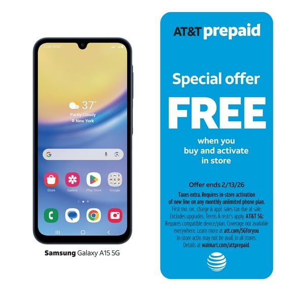 Open Box AT&T Samsung Galaxy A15 5G, 64GB, Blue Black - Prepaid Smartphone