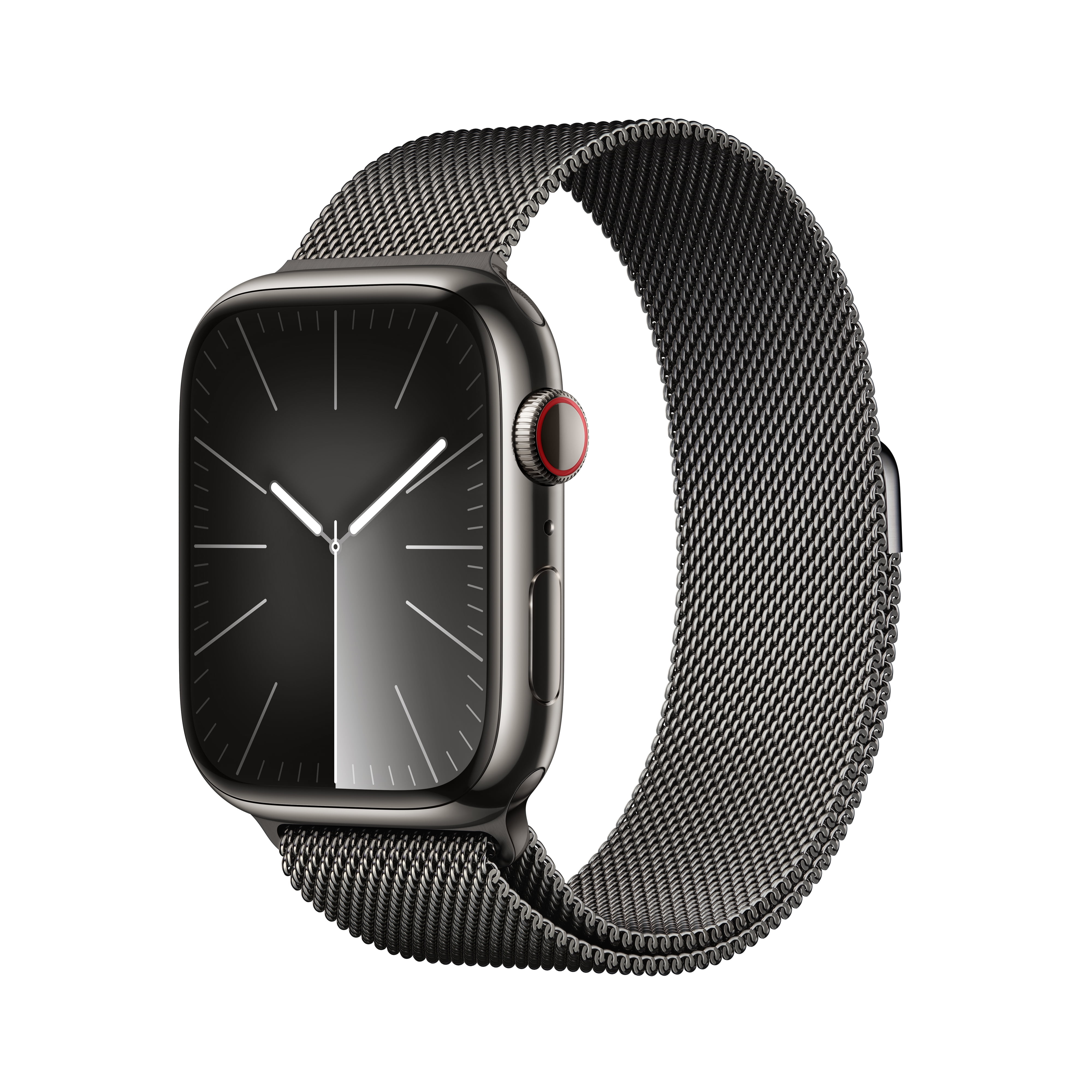 Open Box Apple Watch Series 9 With Blood Oxygen. GPS + Cellular 45mm Graphite Stainless Steel Case with Graphite Milanese Loop.