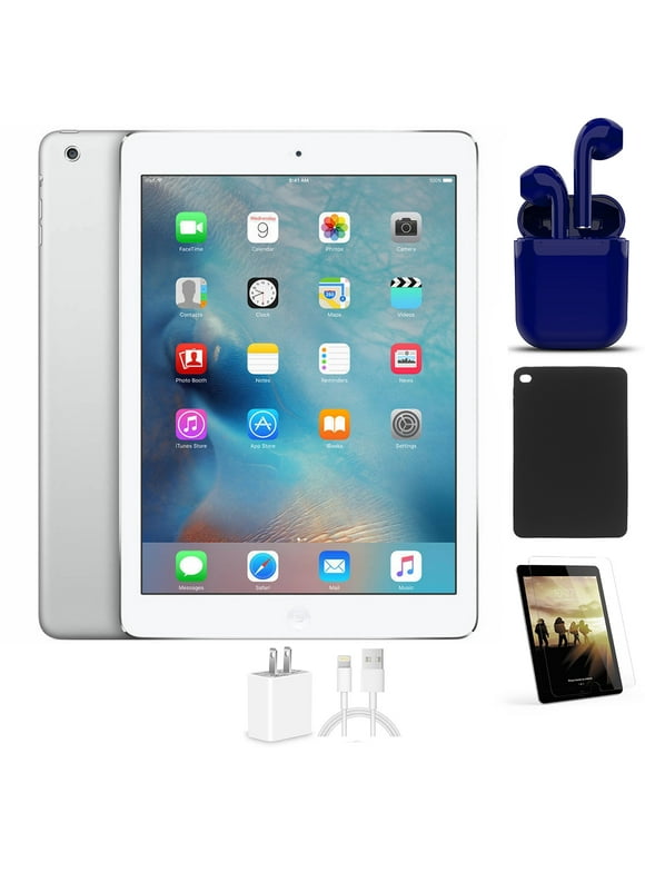 Open Box Apple iPad Air 16GB Silver Wi-Fi Only Bundle: Pre-Installed Tempered Glass, Case, Charger, Bluetooth/Wireless Airbuds By Certified 2 Day Express