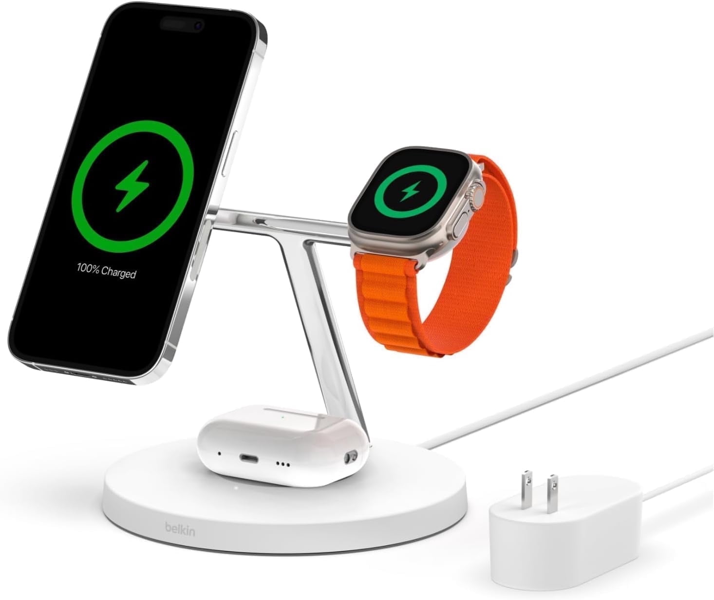 Open Box Belkin MagSafe Charger, 3-in-1 Wireless Charging Stand, 2ND GEN, 33% Faster for Apple Watch, iPhone 16, iPhone 15, iPhone 14 Series, AirPods - MagSafe Charging Station for Multiple Devices - White